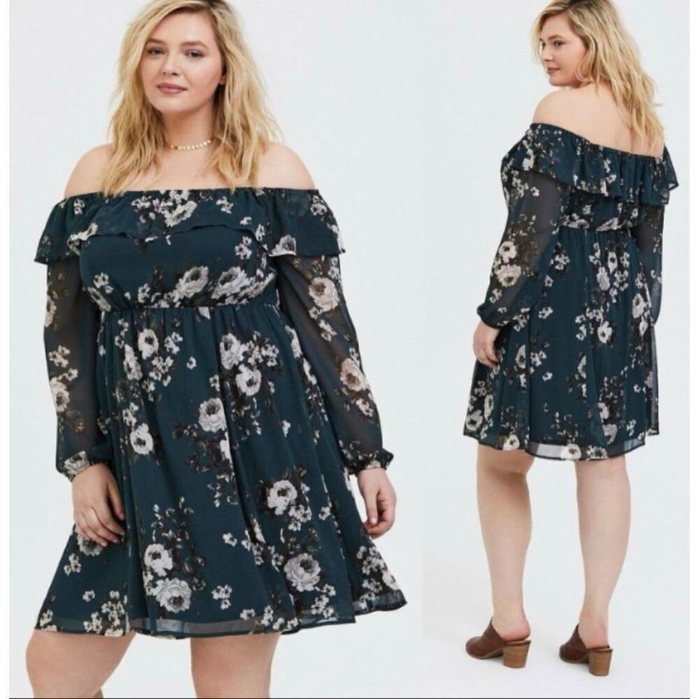 Torrid Chiffon Hunter Green Floral On/Off Shoulder Skater Mini Dress Size 1X - Picture 1 of 6